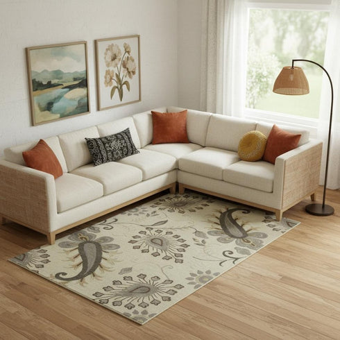 9' X 12' Light Gray And Cream Wool Floral Hand Tufted Area Rug