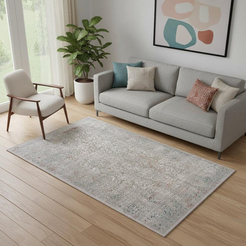 5' X 8' Gray And Red Medallion Distressed Area Rug