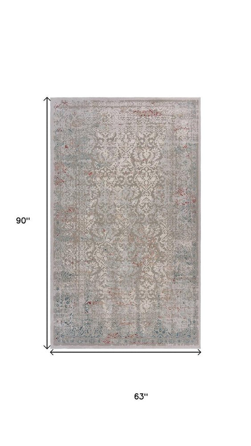 5' X 8' Gray And Red Medallion Distressed Area Rug