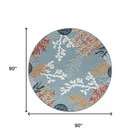 8' Aqua And Beige Coral Round Rug