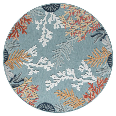 8' Aqua And Beige Coral Round Rug