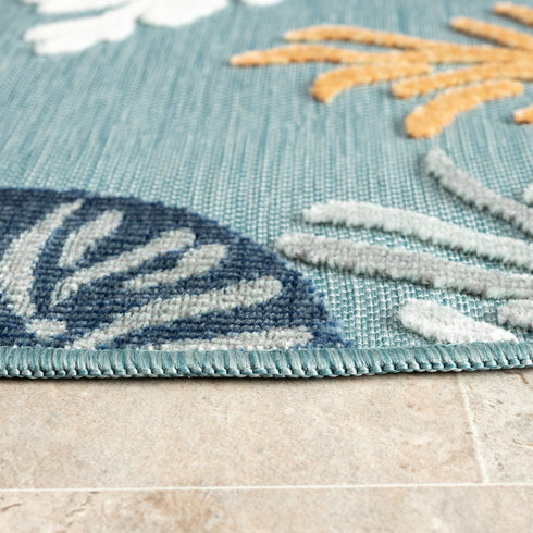 8' Aqua And Beige Coral Round Rug