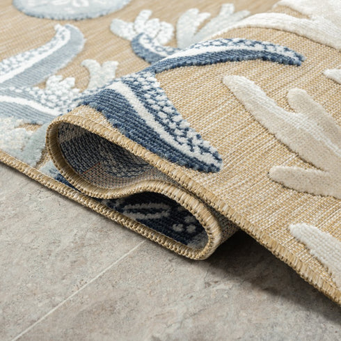 8' X 10' Beige And Blue Coral Area Rug