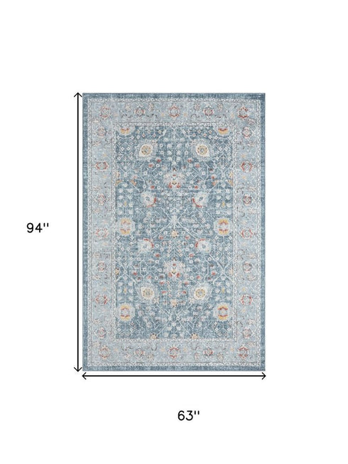 5' X 8' Blue And Sky Blue Floral Distressed Area Rug