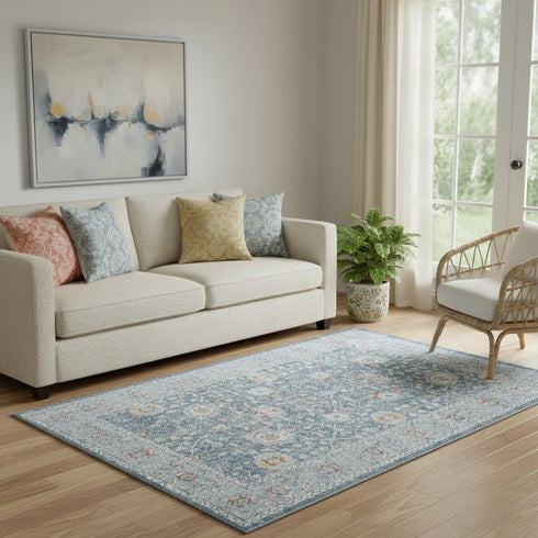 5' X 8' Blue And Sky Blue Floral Distressed Area Rug
