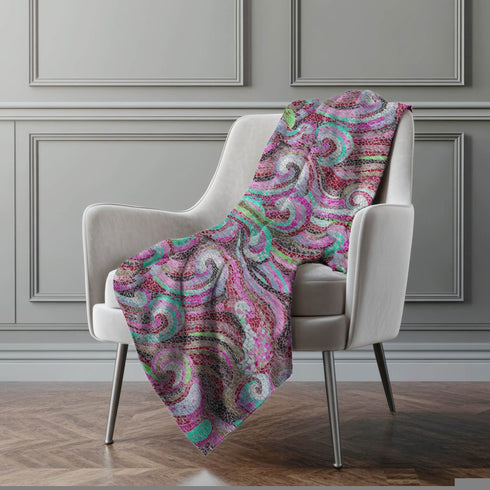 50" X 70" Raspberry Red And Green Abstract Polyester Woven Plush Throw Blanket