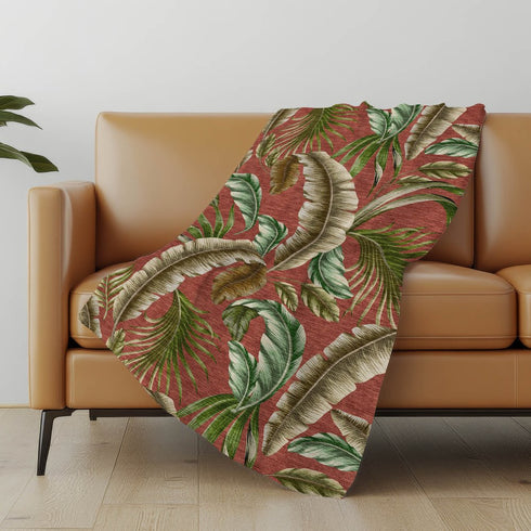 50" X 70" Rust Green And Beige Leaves Microfiber Plush Throw Blanket