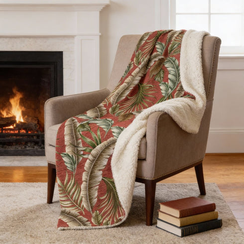 50" X 70" Rust Green And Beige Leaves Microfiber Plush Throw Blanket