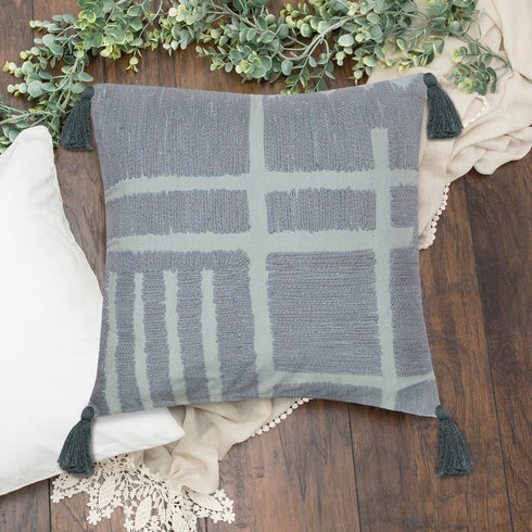 20" Green And Olive Green Geometric Cotton Throw Pillow Cover with Tassels