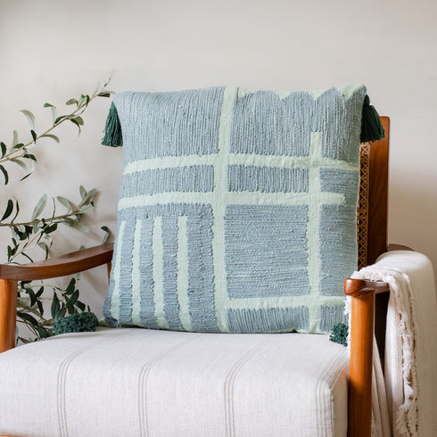 20" Green And Olive Green Geometric Cotton Throw Pillow Cover with Tassels