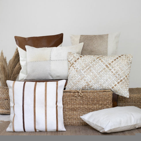 20" Ivory And Brown Color Block Faux Leather Throw Pillow Cover