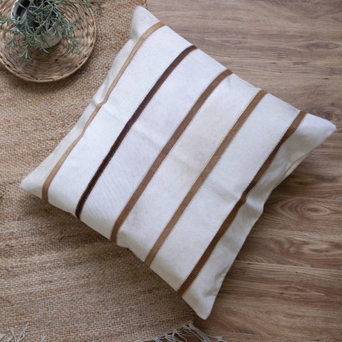 20" Ivory And Brown Striped Faux Leather Throw Pillow Cover