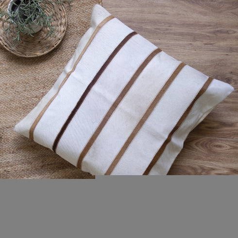 20" Ivory And Brown Striped Faux Leather Throw Pillow Cover