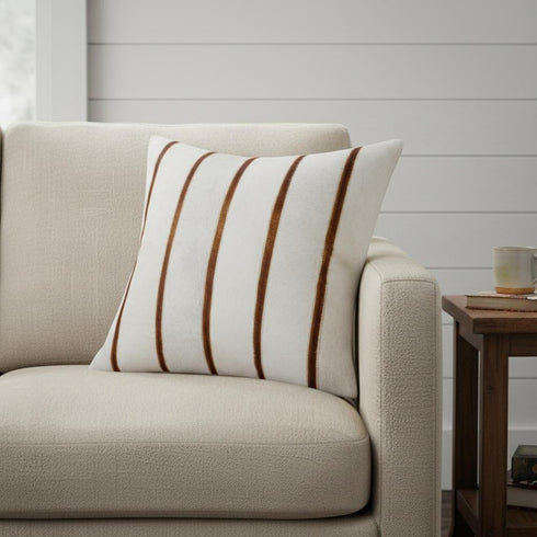 20" Ivory And Brown Striped Faux Leather Throw Pillow Cover
