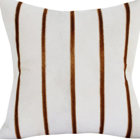 20" Ivory And Brown Striped Faux Leather Throw Pillow Cover