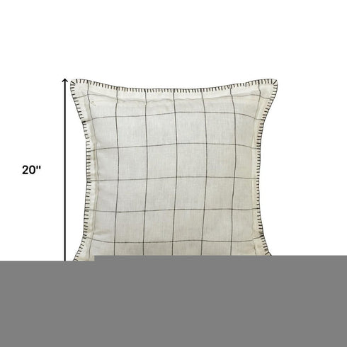 20" Ivory And Black Check Linen Throw Pillow Cover