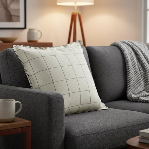 20" Ivory And Black Check Linen Throw Pillow Cover