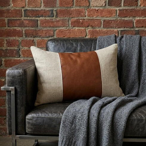 14" X 20" Tan And Brown Lumbar Striped Linen Throw Pillow Cover