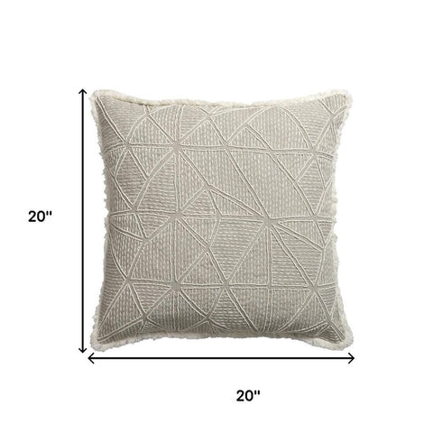 20" Ivory And Gray Geometric Linen Throw Pillow Cover with Fringe Embroidery And Texture