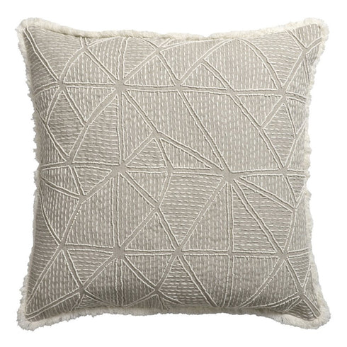 20" Ivory And Gray Geometric Linen Throw Pillow Cover with Fringe Embroidery And Texture