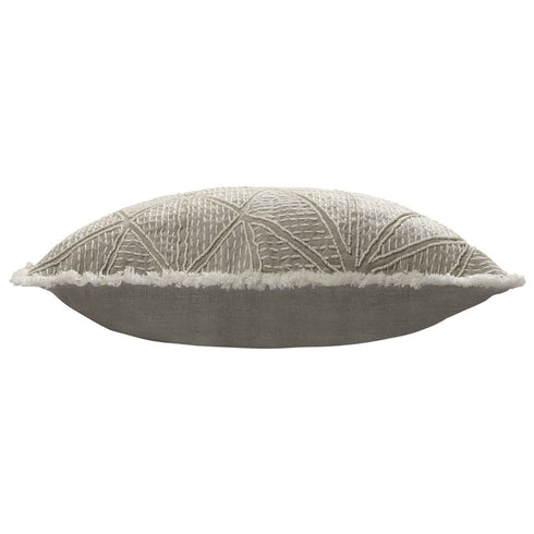 20" Ivory And Gray Geometric Linen Throw Pillow Cover with Fringe Embroidery And Texture
