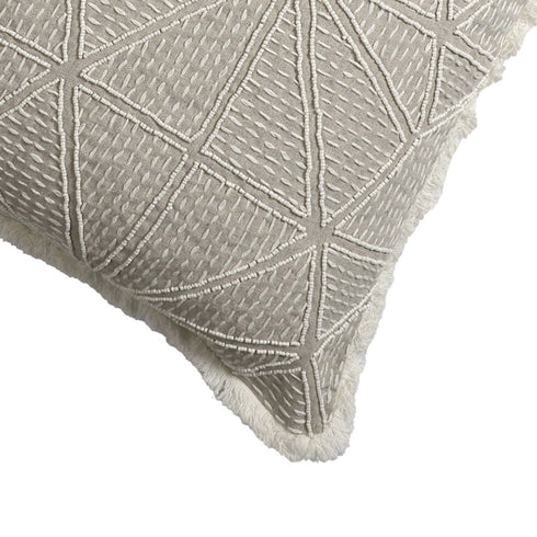 20" Ivory And Gray Geometric Linen Throw Pillow Cover with Fringe Embroidery And Texture