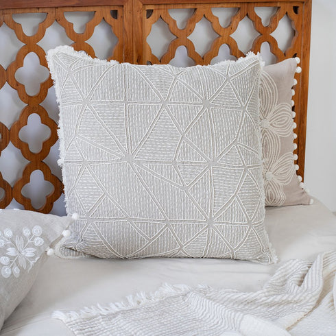 20" Ivory And Gray Geometric Linen Throw Pillow Cover with Fringe Embroidery And Texture