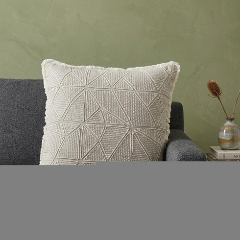 20" Ivory And Gray Geometric Linen Throw Pillow Cover with Fringe Embroidery And Texture