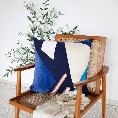 20" Cobalt Navy Blue And White Abstract Cotton Throw Pillow Cover
