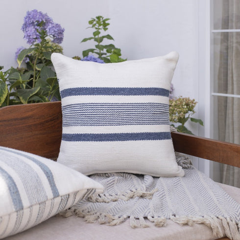 20" Ivory And Blue Beach Striped Throw Pillow Cover