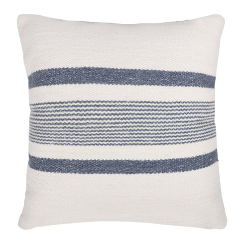 20" Ivory And Blue Beach Striped Throw Pillow Cover