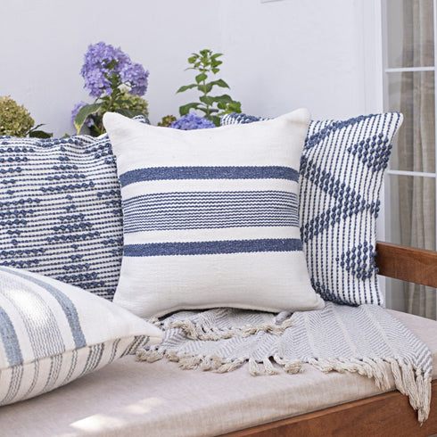 20" Ivory And Blue Beach Striped Throw Pillow Cover