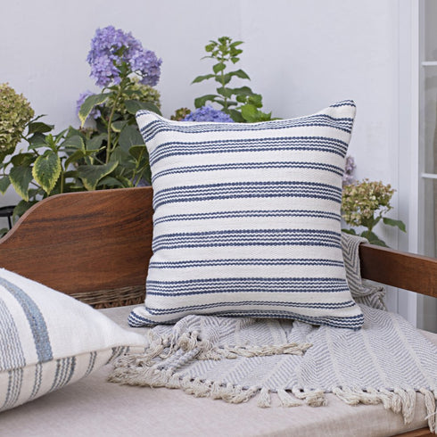 20" Ivory And Blue Beach Striped Throw Pillow Cover