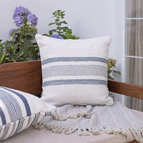 20" Ivory And Blue Beach Striped Throw Pillow Cover