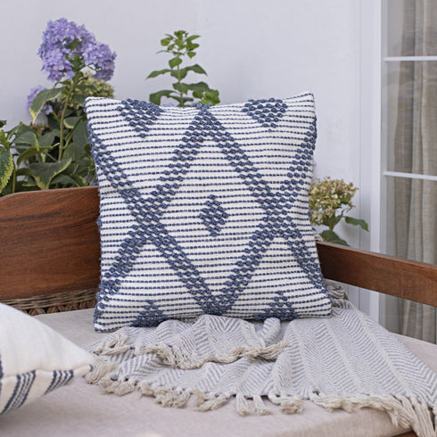 20" Ivory And Blue Beach Diamond Throw Pillow Cover with Texture