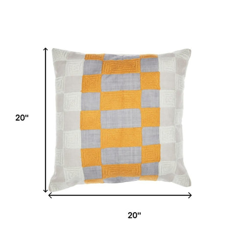 20" Gray Yellow And White Check Throw Pillow Cover