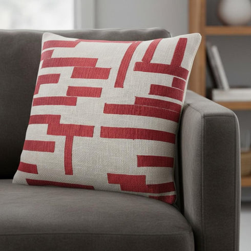 20" Red And Ivory Geometric Cotton Blend Throw Pillow Cover
