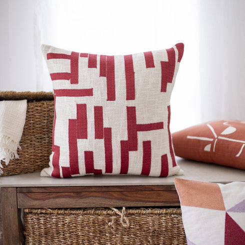 20" Red And Ivory Geometric Cotton Blend Throw Pillow Cover