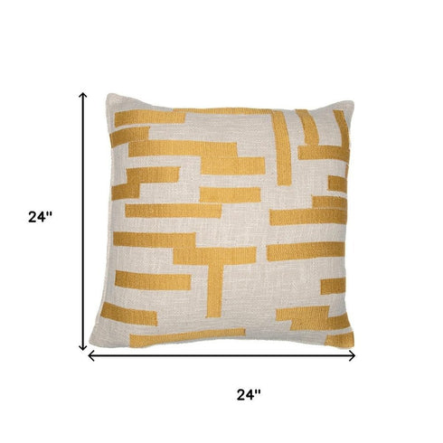 24" Yellow And Ivory Geometric Cotton Blend Throw Pillow Cover