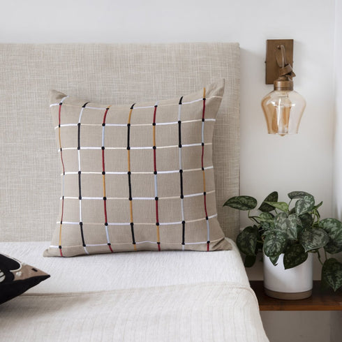 20" Beige And White Check Cotton Blend Throw Pillow Cover