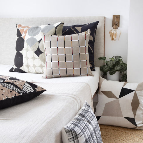 20" Beige And White Check Cotton Blend Throw Pillow Cover