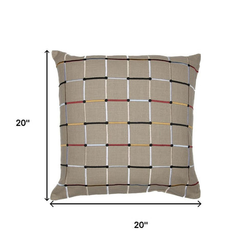 20" Beige And White Check Cotton Blend Throw Pillow Cover