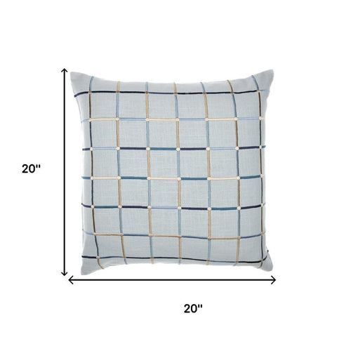 20" Light Blue And Ivory Check Cotton Blend Throw Pillow Cover
