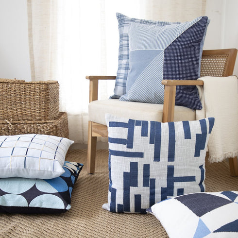 24" Light Blue And Ivory Check Cotton Blend Throw Pillow Cover