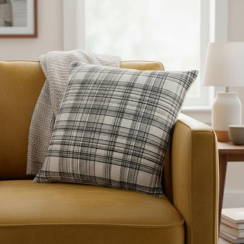 24" White And Black Check Cotton Blend Throw Pillow Cover