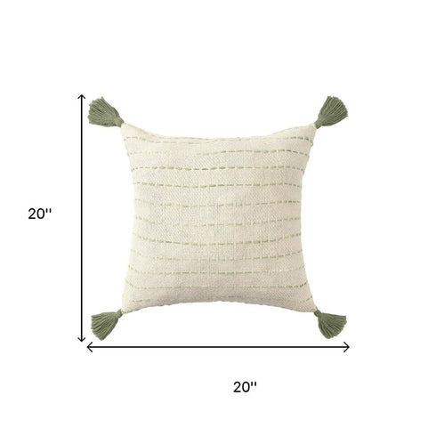 20" Green And Ivory Striped Cotton Blend Throw Pillow Cover with Tassels Embroidery And Texture