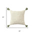 20" Green And Ivory Striped Cotton Blend Throw Pillow Cover with Tassels Embroidery And Texture