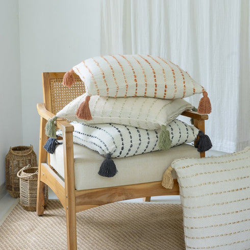 20" Green And Ivory Striped Cotton Blend Throw Pillow Cover with Tassels Embroidery And Texture
