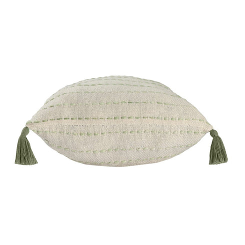 20" Green And Ivory Striped Cotton Blend Throw Pillow Cover with Tassels Embroidery And Texture