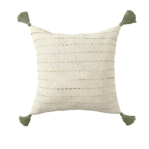 20" Green And Ivory Striped Cotton Blend Throw Pillow Cover with Tassels Embroidery And Texture